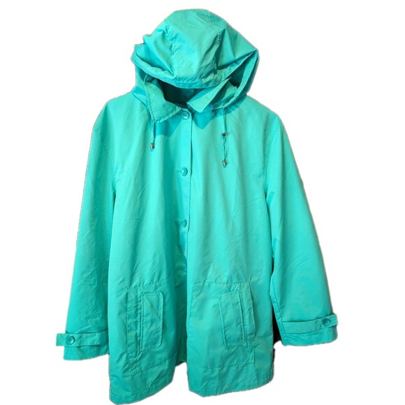 KORET Women's Button Down Rain Coat XL Jacket Removable Hood Pockets Turquoise - Picture 1 of 9